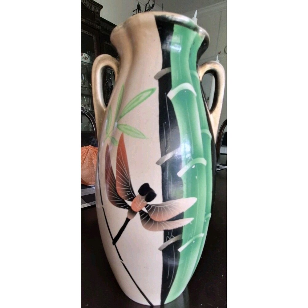 Vintage Nippon Hand Painted Japanese Vase Bamboo Dragonfly Double Handled